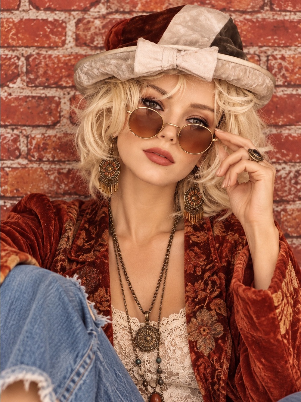 Vintage MCM Created by Marilyn Cream and Orange Patchwork Velevet Hat wi…